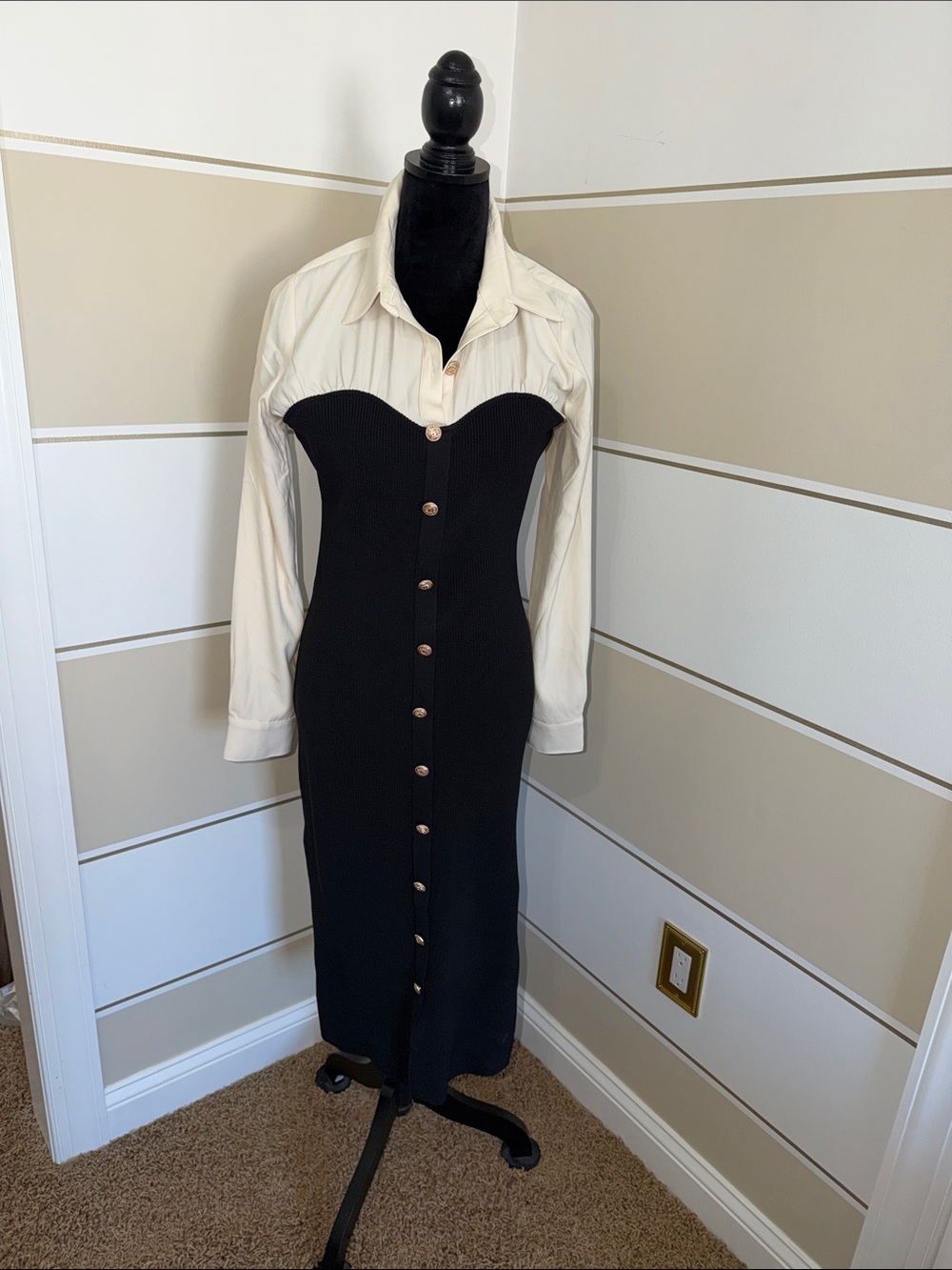 Two-Tone Black & Cream Midi Shirt Dress with Button Front